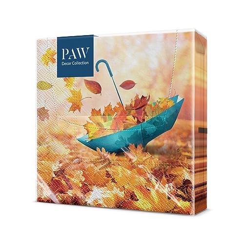 PAW - Servilletas de Papel 3 Capas (33 x 33 cm) | 20 Unidades | Servilletas Decorativas con Temática de Otoño | Diseño de Hojas | Ideal para Decoración Otoñal y Eventos | Color: Umbrella Leaves
