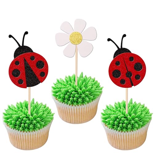 36 piezas Mariquita Decoración para tartas con purpurina Flores Insectos Cupcake Toppers Ladybug Decoración para Jardín Tema Bebé Ducha Niños Cumpleaños Fiesta Pastel Decoraciones