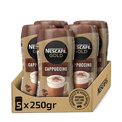 NESCAFÉ GOLD CAPPUCCINO NATURAL, cremoso café soluble con leche desnatada, Pack de 5 botes de 250 g