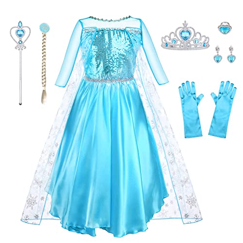 URAQT Disfraz Elsa, Disfraz Princesa Niña con Accesorios de Cosplay, Vestido con Capa de Copos de Nieve Brillantes, Disfraz para Halloween Cumpleaños Carnaval, 100cm