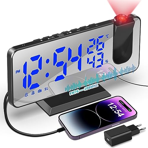 TAKRINK Despertador de Proyección 7.5 Pulgadas Digital 180° Rotativo, con Función de Radio FM Humedad Temperatura Interior con Puerto de Carga USB 2 Relojes Despertadores 4 Niveles de Brillo