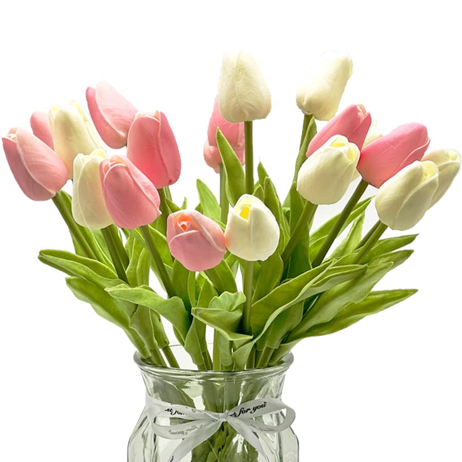 EasyLife - Juego de 20 Tulipanes de imitación de 12,6 Pulgadas, para decoración de Bodas en Interiores y Exteriores, Cocina, Oficina, cafetería, decoración del hogar (Blanco y Rosa)