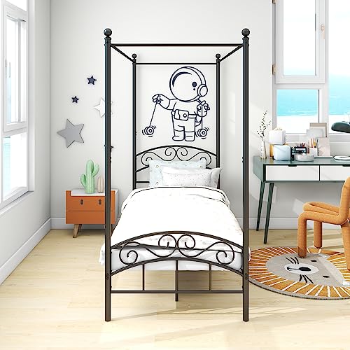 ARFARLY Cama con dosel, estructura de cama doble, marco de metal, somier de láminas, dormitorio, muebles de dormitorio, cama matrimonial, color negro, 90 x 200 cm
