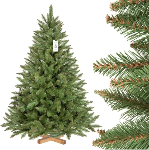 FairyTrees árbol de Navidad Artificial 150cm Abeto Natural con el Soporte de Madera | árbol Artificial con el Tronco Verde | Fabricado en EU