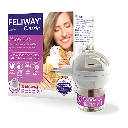 FELIWAY Classic - Antiestrés para gatos - Marcaje con orina, Miedos, Cambios en el entorno, Arañazos Verticales - Difusor + Recambio 48ml