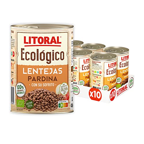 Litoral Lentejas Ecológicas Variedad Pardina con su sofrito - Plato Preparado Sin Gluten - Pack de 10x420g - Total: 4,2kg