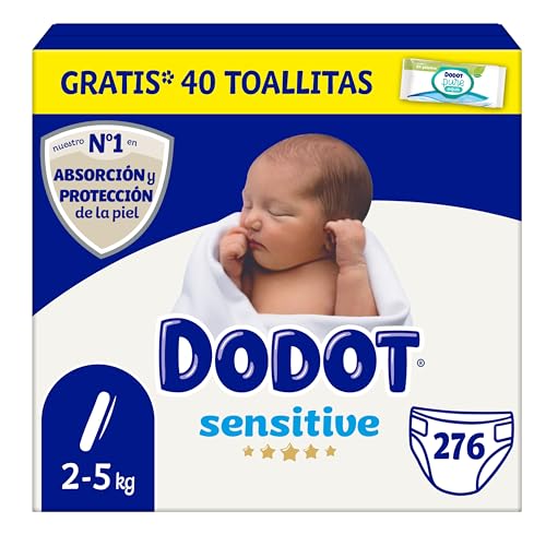 Dodot Pañales Bebé Sensitive Talla 1 (2-5 kg), 276 Pañales + Pack de 48 Toallitas Gratis Cuidado Total Aqua, Óptima Protección de la Piel de Dodot, Pack Mensual