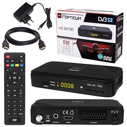 HB Digital Set: SATELLITEN Sat Receptor DVB-S/S2 función PVR Receptivo + Cable HDMI bañado en Oro (HD Ready HDTV HDMI SCART Salida coaxial USB Opticum AX150 )