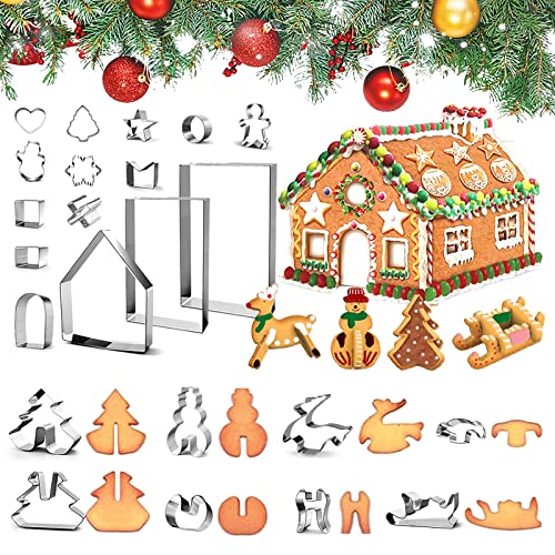 Yucch 3D Casa Galleta De Jengibre, Juego de cortador de galletas Christmas Gingerbread House, Acero Inoxidable Molde para Galletas Navideñas, Navideñas para Accesorio de Cocina (23 Piezas)