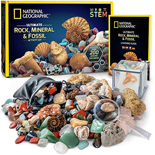 National Geographic Set de Piedras Naturales, Fósiles Auténticos y Minerales para Niños – Juguetes Científicos con Más de 300 Piezas – Geodas Naturales, Cuarzo Rosa, Jaspe, Piedras Preciosas y Más