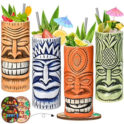 Tiki - Juego de 4 tazas de cóctel de cristal Tiki de cerámica, vasos de cóctel únicos, taza hawaiana profesional de bar y utensilios de bar para fiesta de Navidad de Halloween