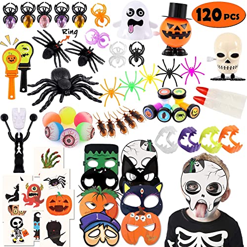 vamei 120 Piezas Juguetes Halloween Favores de Fiesta Halloween Mascaras Tatuajes Sellos Bolas de Rebote Arañas Halloween Surtido de Juguetes Relleno Piñata Halloween Regalos para Niños Niñas