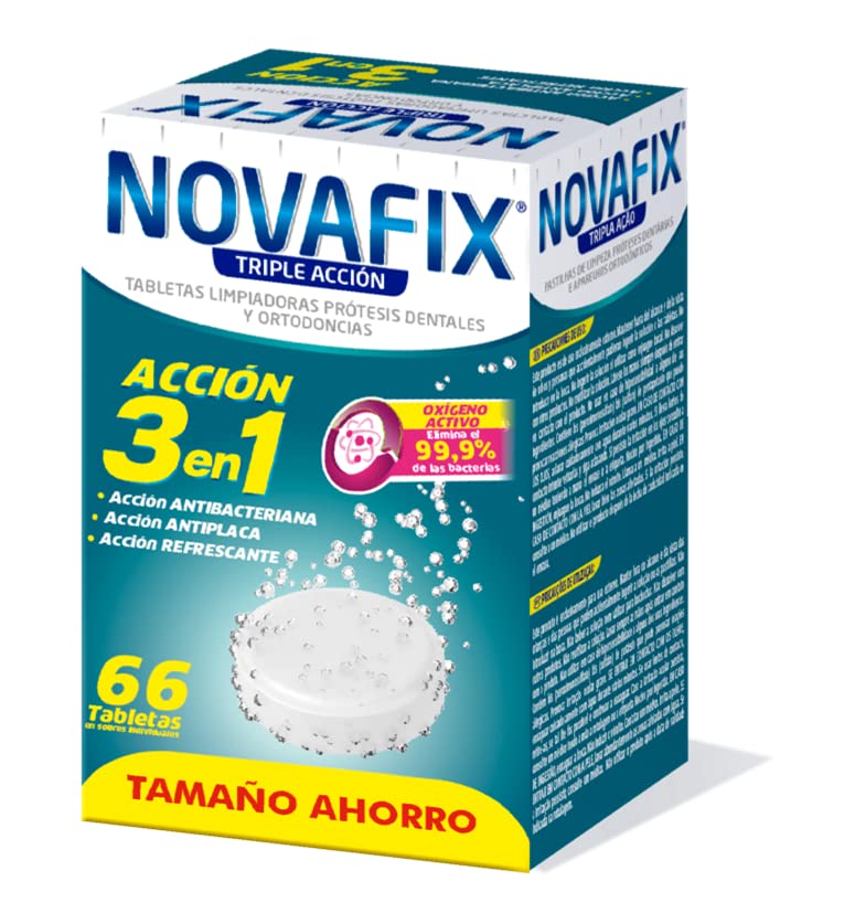 Novafix - Tabletas Limpiadoras Triple Acción - Para prótesis dentales y aparatos de ortodoncia - Caja con 66 unidades (formato ahorro)