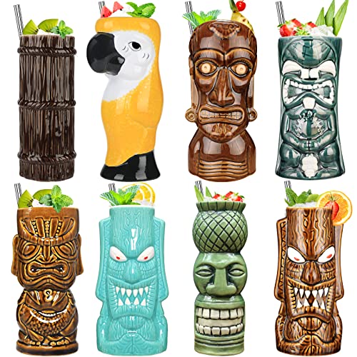 Juego de tazas Tiki, 8 piezas, juego de vasos de cóctel de cerámica coloridos, vasos creativos para fiestas hawaianas, decoración para fiestas exóticas, vajilla de bar, vasos de cóctel